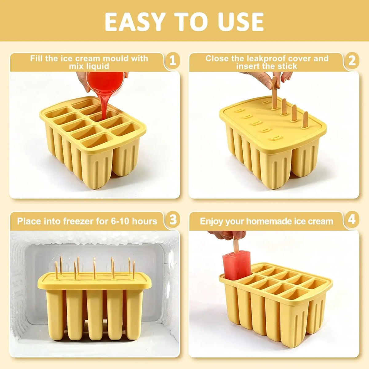 10-Cavity BPA Free Silicone Popsicle Mold with 50 Wooden Sticks Ice Pop Mold Axl