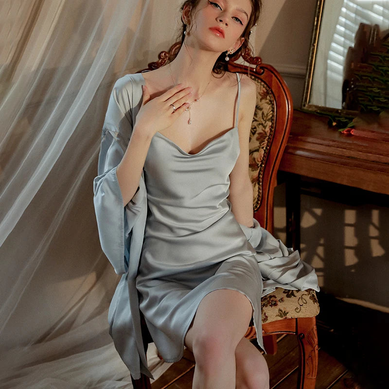 Satin Robe & Nightdress Set – 2-Piece Faux Silk Kimono Sleepwear Satin Robe Set Axl