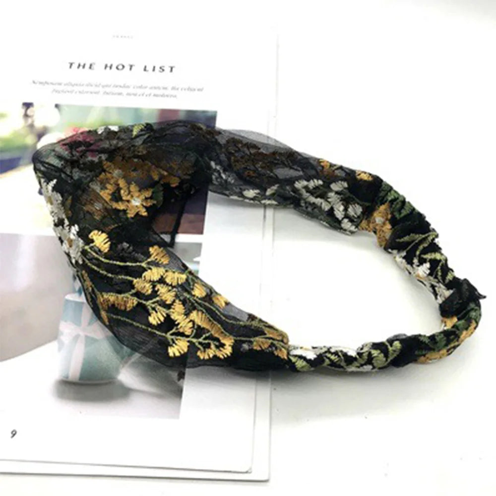 Korean Lace Floral Wide-Brim Turban Headband | Face Wash Hair Band Turban Headband Axl gold