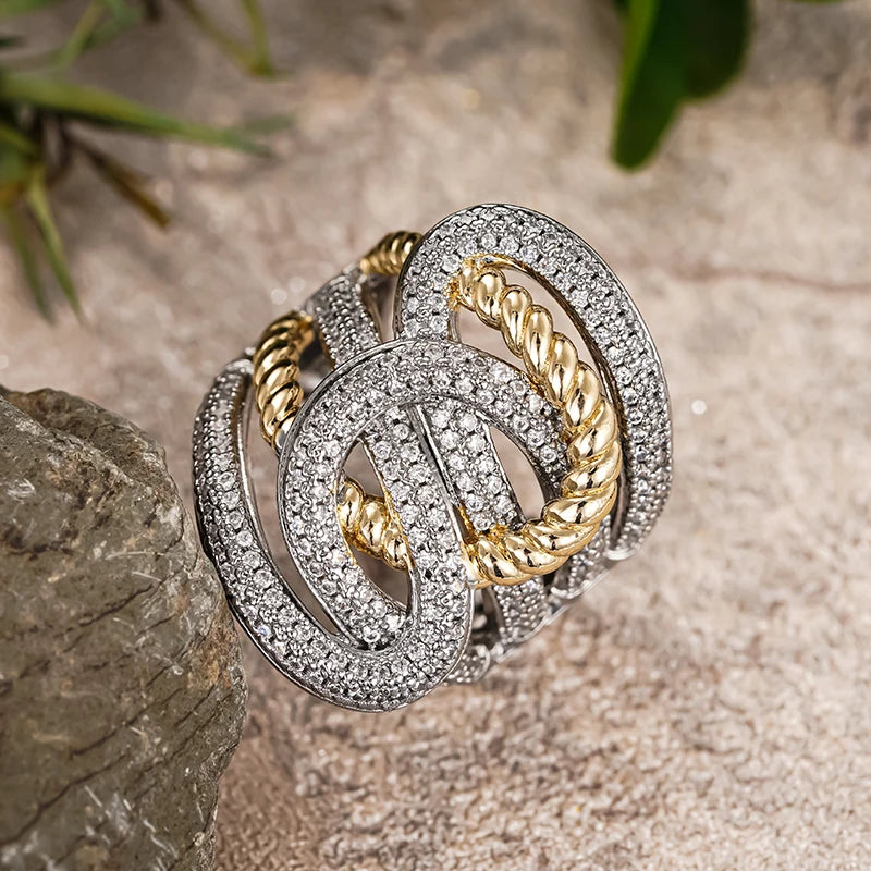 Huitan Two-Tone CZ Cross Ring – Wide Band Women's Jewelry Fashion Ring Axl