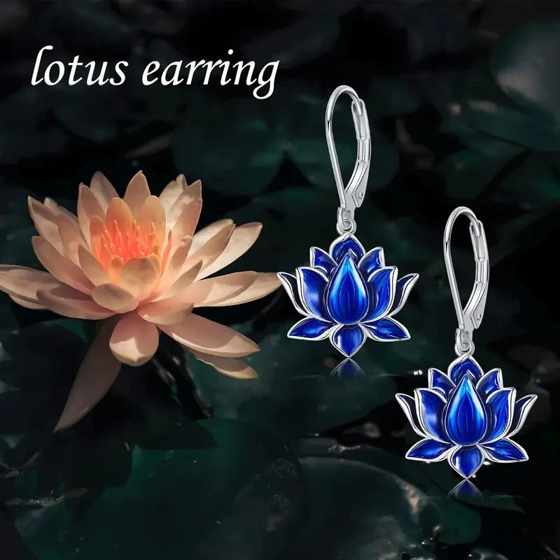 Huitan Blue Lotus Drop Earrings – Silver Tone Fashion Jewelry Drop Earrings Axl
