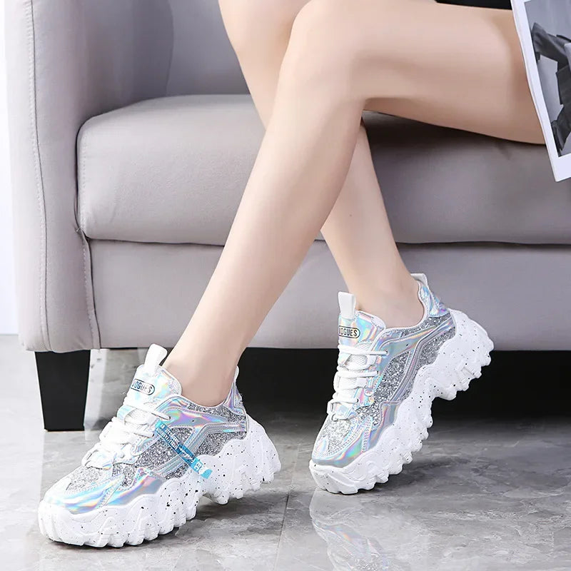 Women's Reflective Platform Sneakers – Casual Walking Shoes Platform Sneakers Axl Silver 35