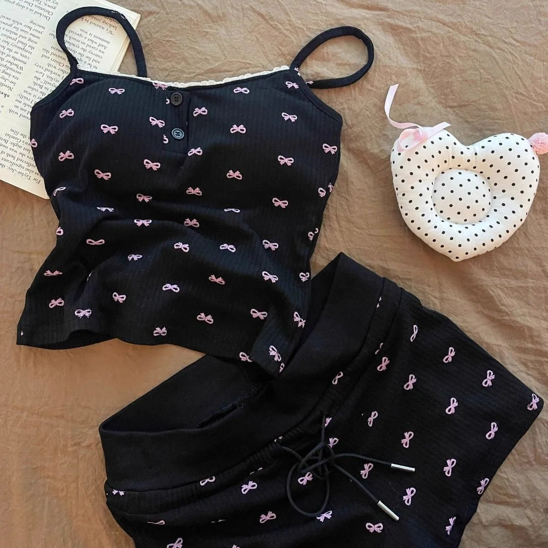 Women's Bow Tie Camisole Pajama Set – Vest & Shorts 2 Piece Women's Pajama Set Axl black L