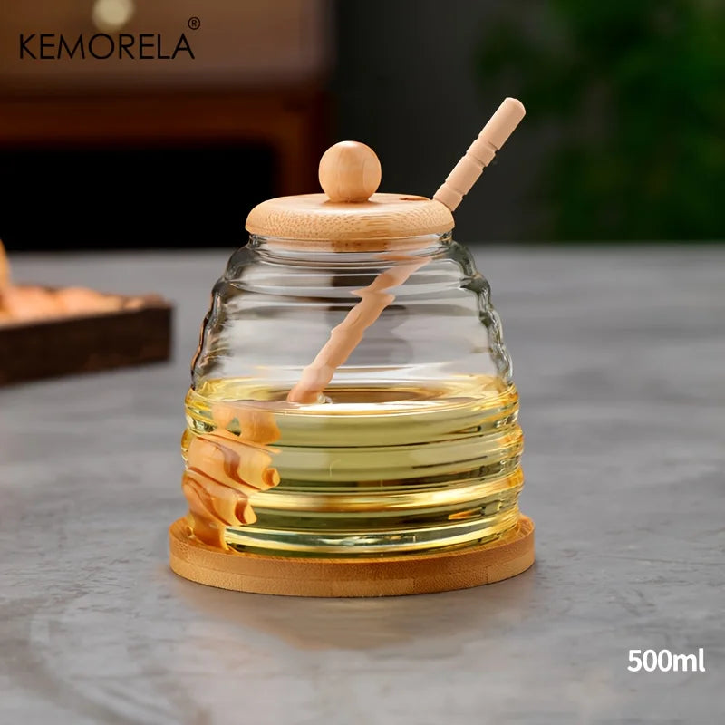 KEMORELA Glass Honeycomb Honey Jar with Dipper & Lid – 400ml Glass Honey Jar Axl 500ML