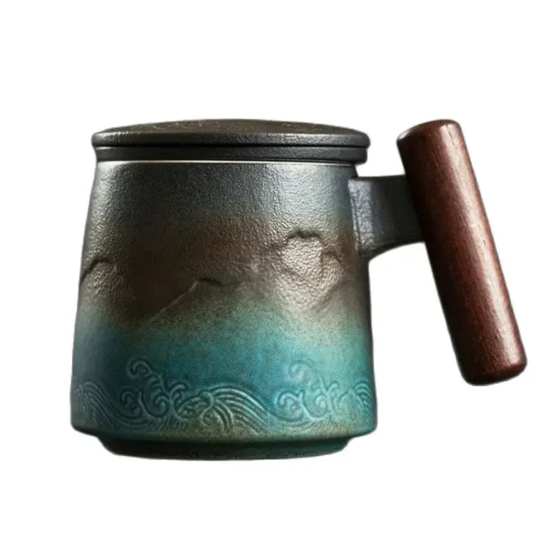 Retro Ceramic Coffee Mug with Lid & Wooden Handle | Gift Box Ceramic Coffee Mug Axl