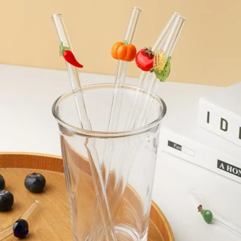 Reusable Fruit Design Glass Straw – Strawberry Cherry 20cm Glass Drinking Straw Axl