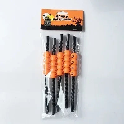Halloween Skull & Pumpkin Drinking Straws – 5-Pack Party Decor Halloween Party Straws Axl black and orange