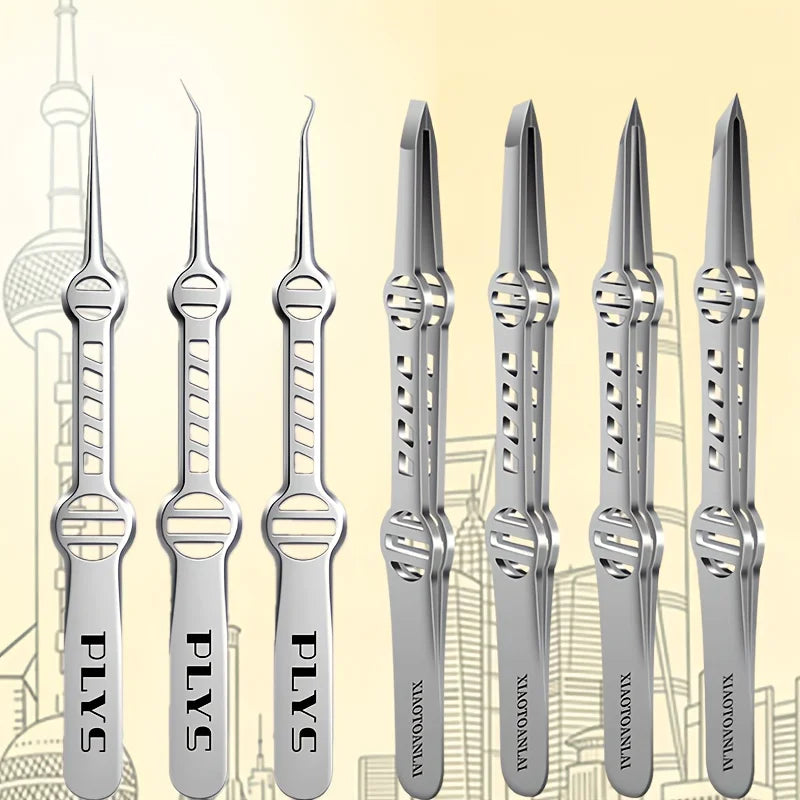 PLYS Precision Tweezer Kit – Stainless Steel Eyebrow Set Precision Tweezer Kit Axl 7pcs