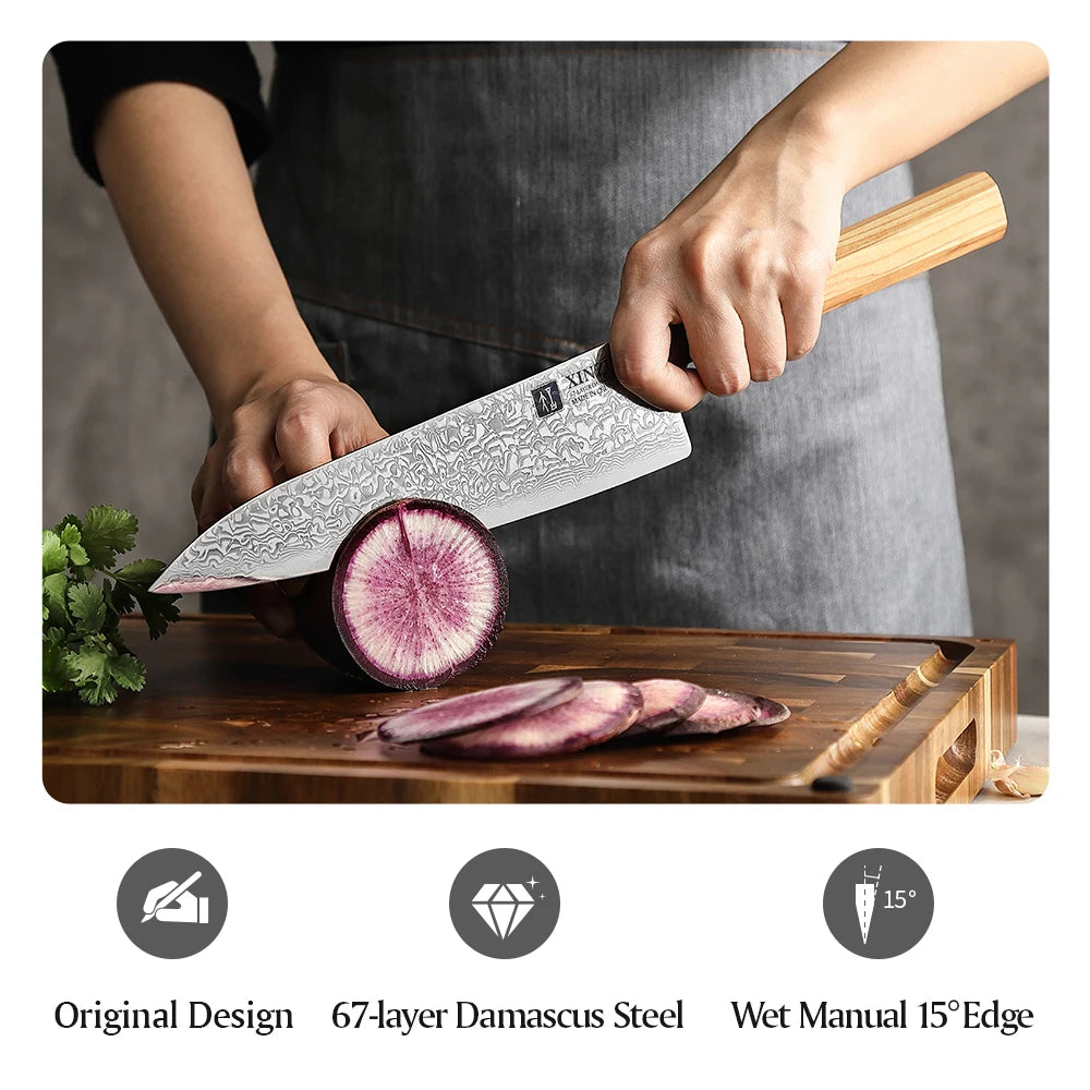 XINZUO 8.5" Damascus Chef Knife – Olive Wood Octagonal Handle Damascus Chef Knife Axl