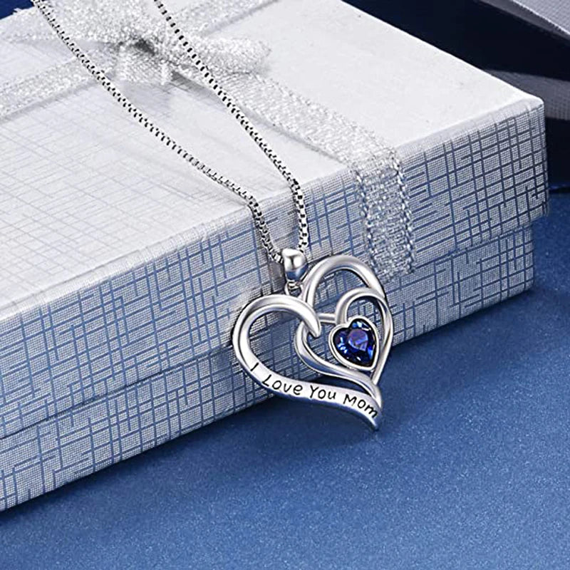 Huitan "I Love You Mom" Heart Blue CZ Pendant Necklace Pendant Necklace Axl