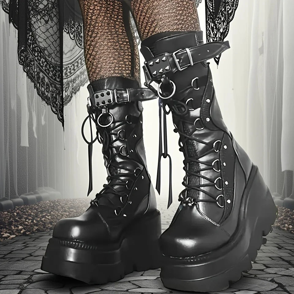 Women's Goth Punk Wedge Boots – Rivet Buckle Mid-Calf High Heels Wedge Mid-Calf Boots Axl