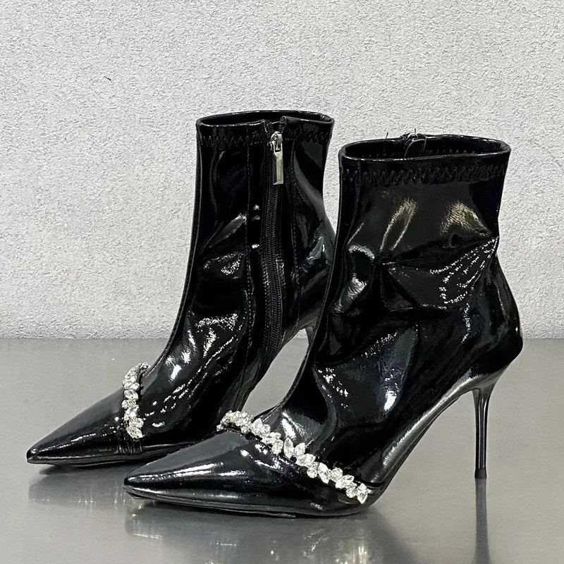 Women's Rhinestone Ankle Boots Crystal Pointed Toe High Heels Rhinestone Ankle Boots Axl