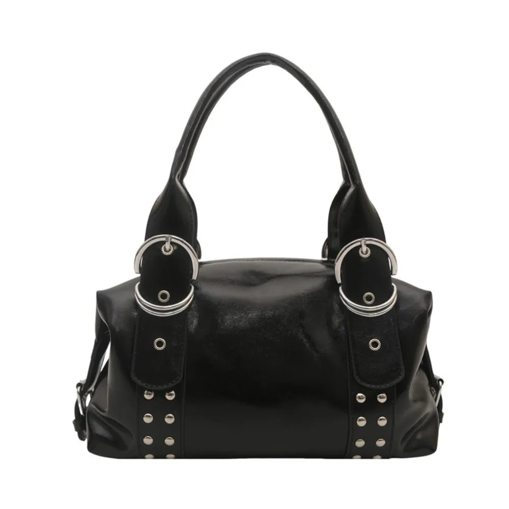 Y2K PU Leather Women's Rivet Shoulder Tote Bag | Large Capacity Shoulder Tote Bag Axl Black