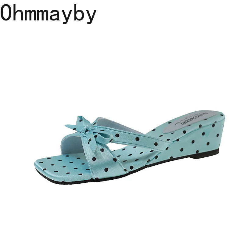 Satin Butterfly-Knot Women's Wedge Slippers | Polka Dot Slides Wedge Slide Slippers Axl