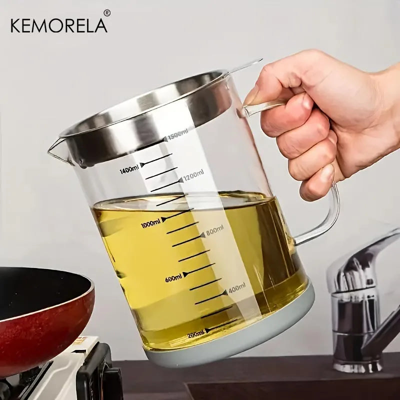 KEMORELA Glass Oil Filter Pot with Lid – 1000/1500ML Fat Separator Glass Oil Filter Pot Axl