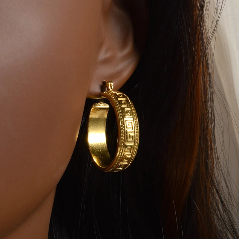 Huitan Greek Key Hoop Earrings – Vintage Geometric Women's Jewelry Hoop Earrings Axl