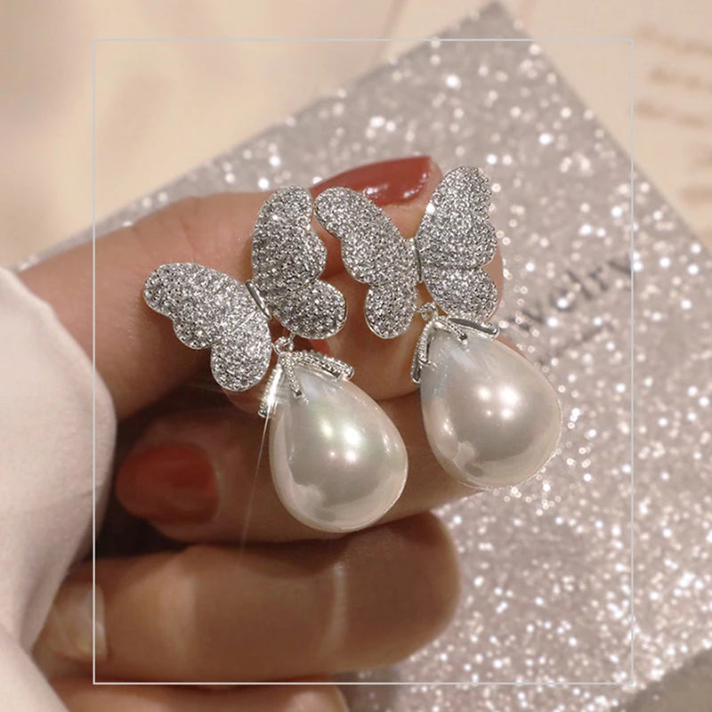 Huitan Butterfly Imitation Pearl Drop Earrings | Silver & Gold Pearl Drop Earrings Axl