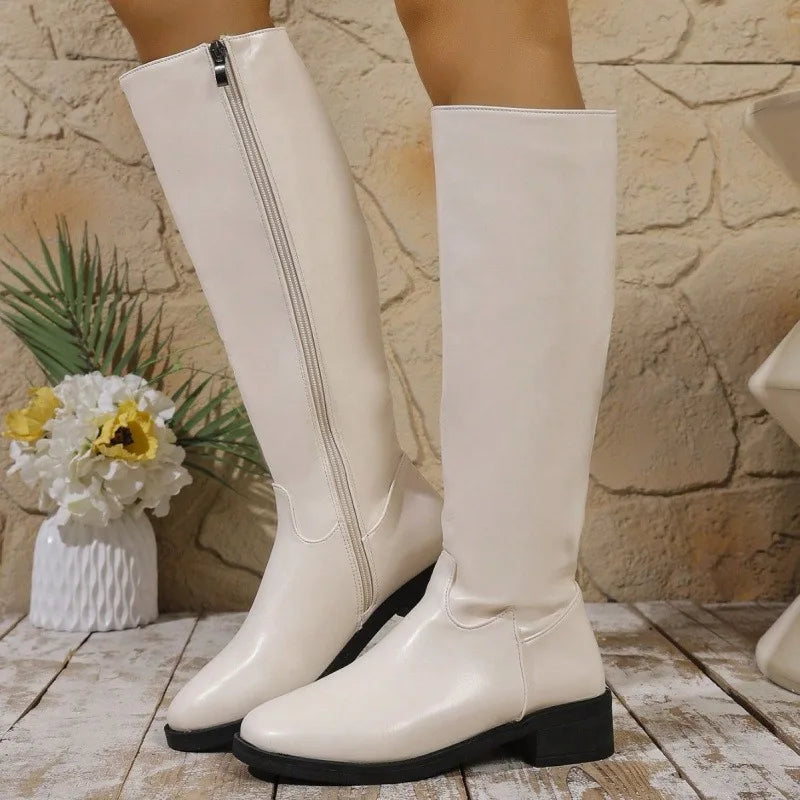 Women's Knee-High Boots | Square Heel Side Zipper PU Leather Knee-High Boots Axl