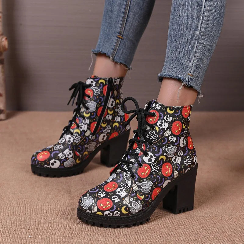 UXST Women's Halloween Printed Platform Ankle Boots | Square Heel Platform Ankle Boots Axl