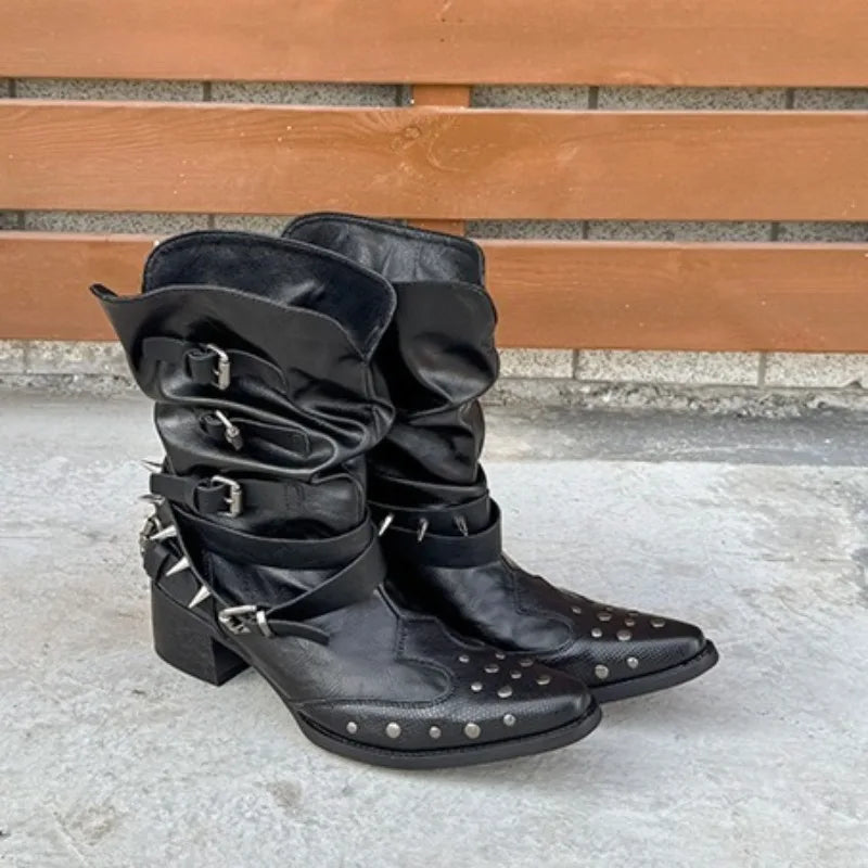 Women's Rivet Block Heel Mid-Calf Boots | Pointed Toe Buckle Women's Mid-Calf Boots Axl black 36