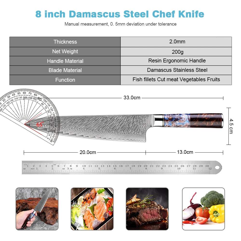 XITUO 8" Japanese Damascus Steel Chef Knife | Full Tang Damascus Chef Knife Axl