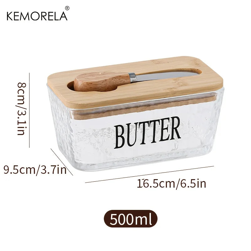Glass Butter Dish with Bamboo Lid & Knife | Airtight Storage Butter Dish Axl B