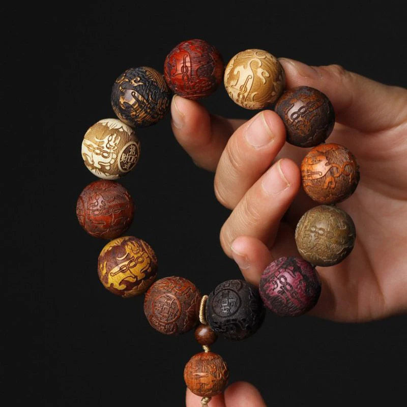 20mm Handmade Wood Carved Beaded Bracelet with Pendant | Unisex Beaded Wood Bracelet Axl