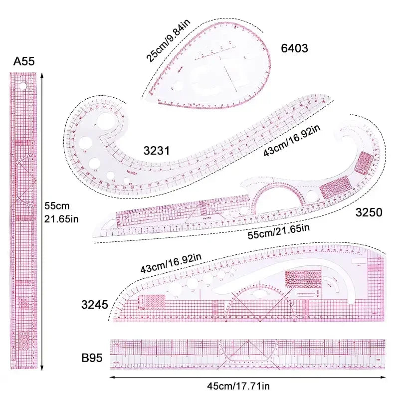 6-Piece French Curve Ruler Set for Sewing & Pattern Drafting Sewing Ruler Set Axl