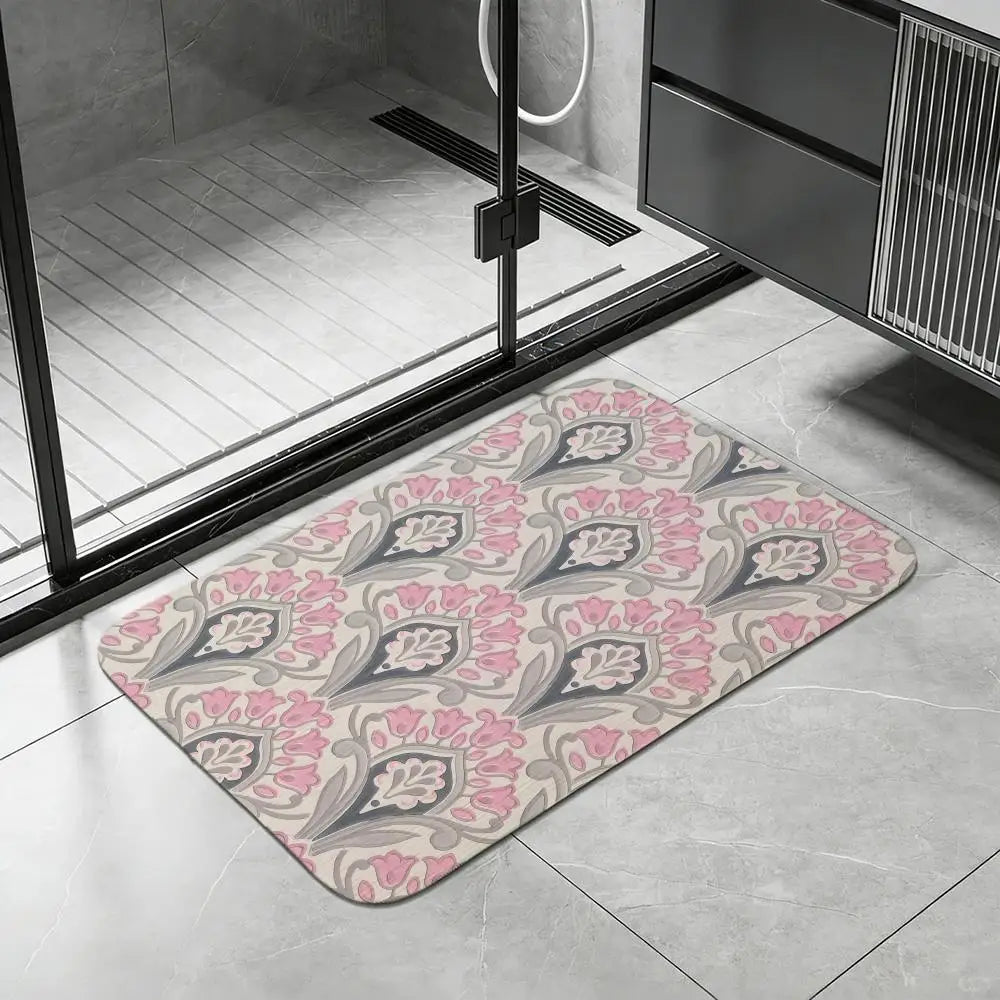 Rococo Floral Diatomite Bath Mat – Quick Dry & Anti-Slip Diatomite Bath Mat Axl White7 50x80cm