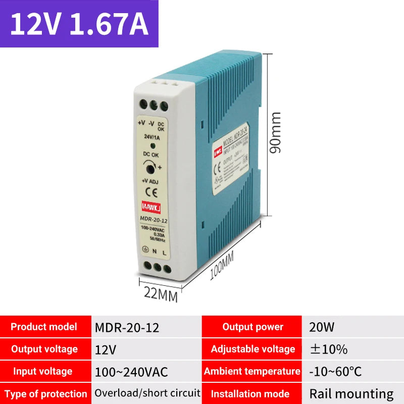 MDR DIN Rail Power Supply 5V 12V 24V | 10W–100W DC Switch DIN Rail Power Supply Axl MDR-20-12