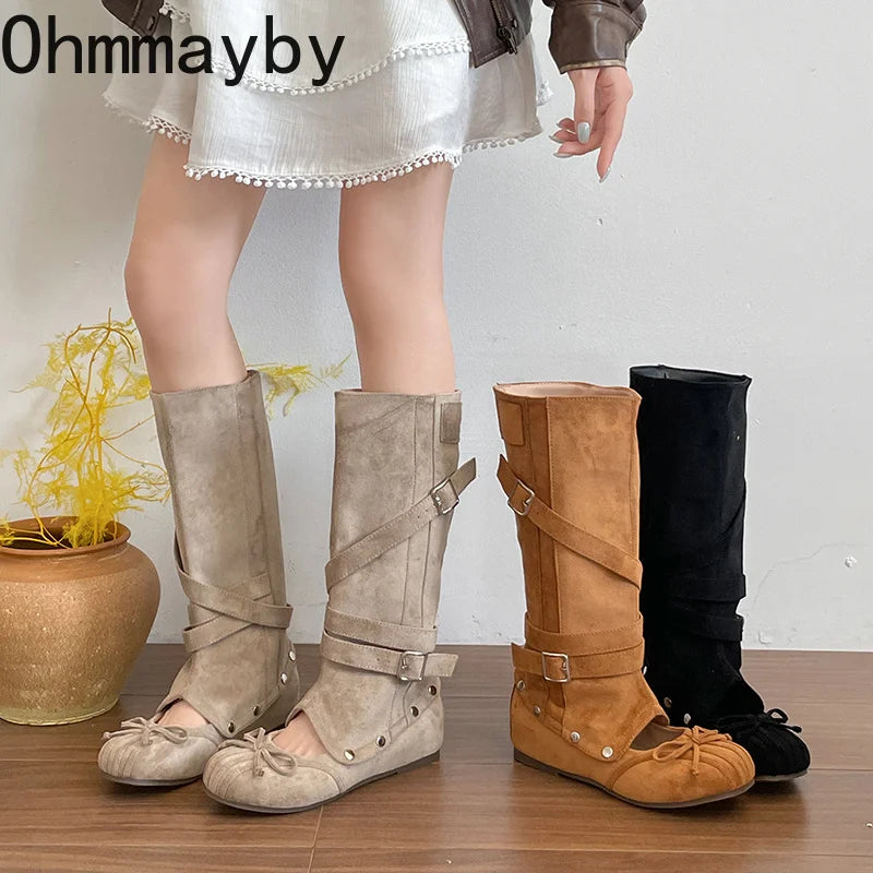 Women's Vintage Hollow Wedge Boots | Multi-Buckle Slip-On Wedge Boots Axl