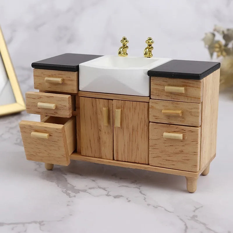1/12 Dollhouse Wooden Wash Basin Cabinet & Ceramic Sink Dollhouse Miniature Axl