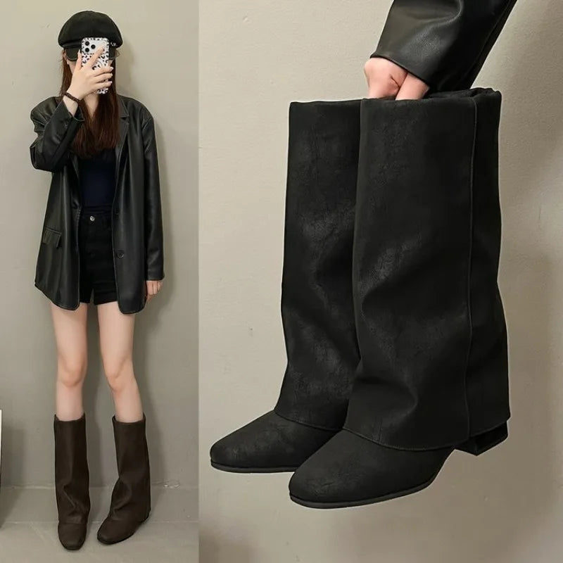Women's Vintage Square Toe Mid-Calf Boots | Block Heel Slip-On Women's Mid-Calf Boots Axl