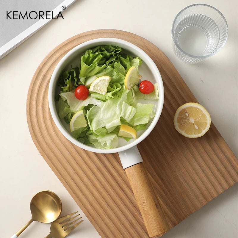 KEMORELA Ceramic Salad Bowl with Wooden Handle | Dinner Bowl Ceramic Dinnerware Bowl Axl