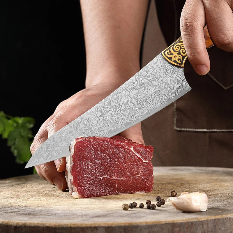 Damascus Steel Chef Knife – Wood Handle & Gift Box | InLeung Damascus Chef Knife Axl