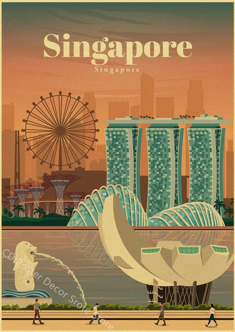 World Cities Retro Travel Poster – Rome Paris Sydney Dubai Art