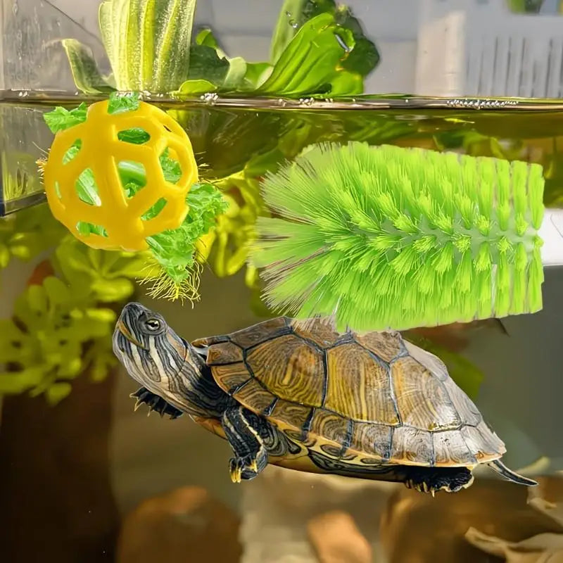 Turtle Shell Cleaning Brush & Feeding Ball | Aquarium Decor Turtle Tank Accessory Axl