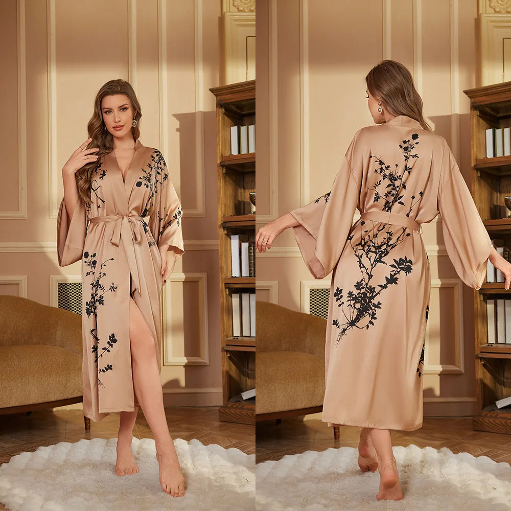Women's Satin Floral Robe – Long Sleeve Lace-Up Bathrobe Satin Bathrobe Axl 3383-4 One Size