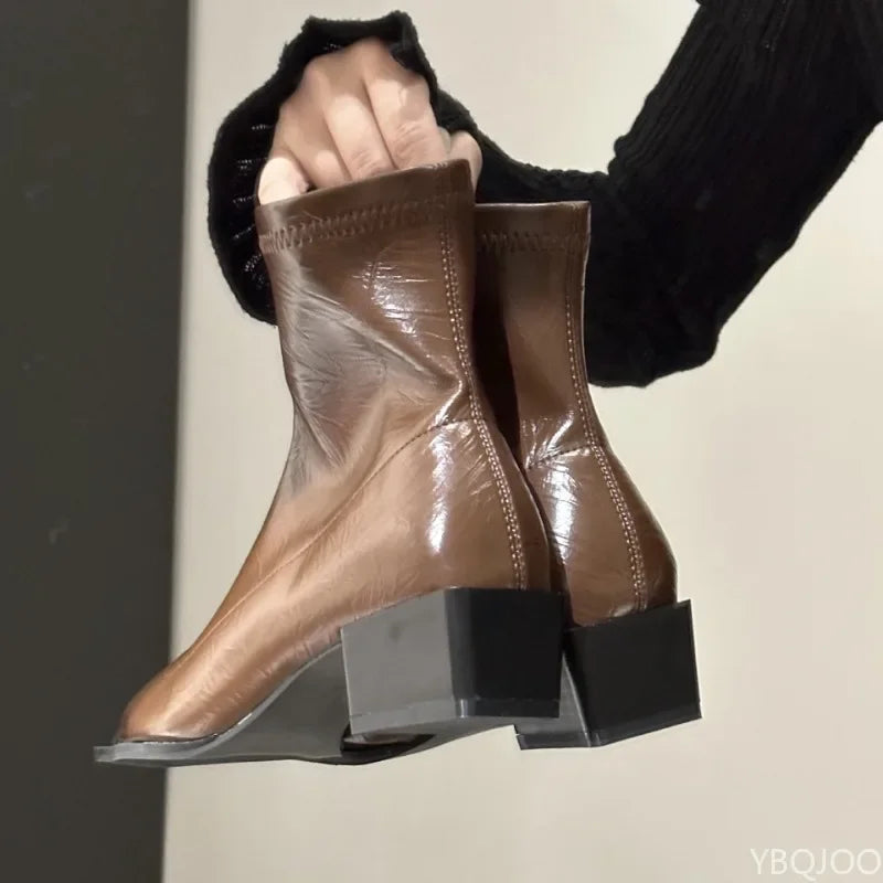 YBQJOO Women's Pointed Toe Ankle Boots | Block Heel Slip-On Women's Ankle Boots Axl Brown 37
