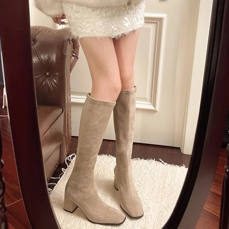 Women's Knee-High Boots | Square Toe Block Heel Side Zipper Knee-High Boots Axl