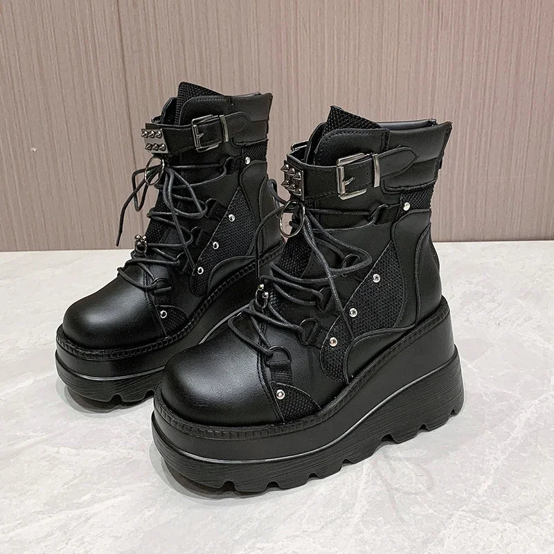Women's Platform Wedge Ankle Boots | Punk Zip High Heels Platform Ankle Boots Axl black 42