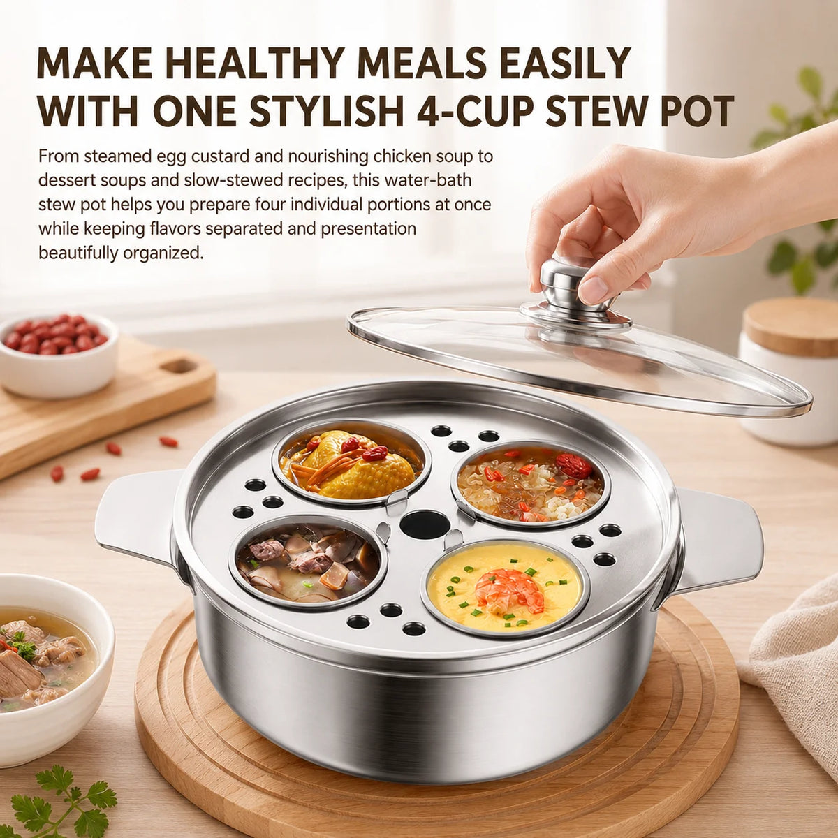 Stainless Steel Water Bath Stew Pot – 4 Inner Cups & Glass Lid Water Bath Stew Pot Axl