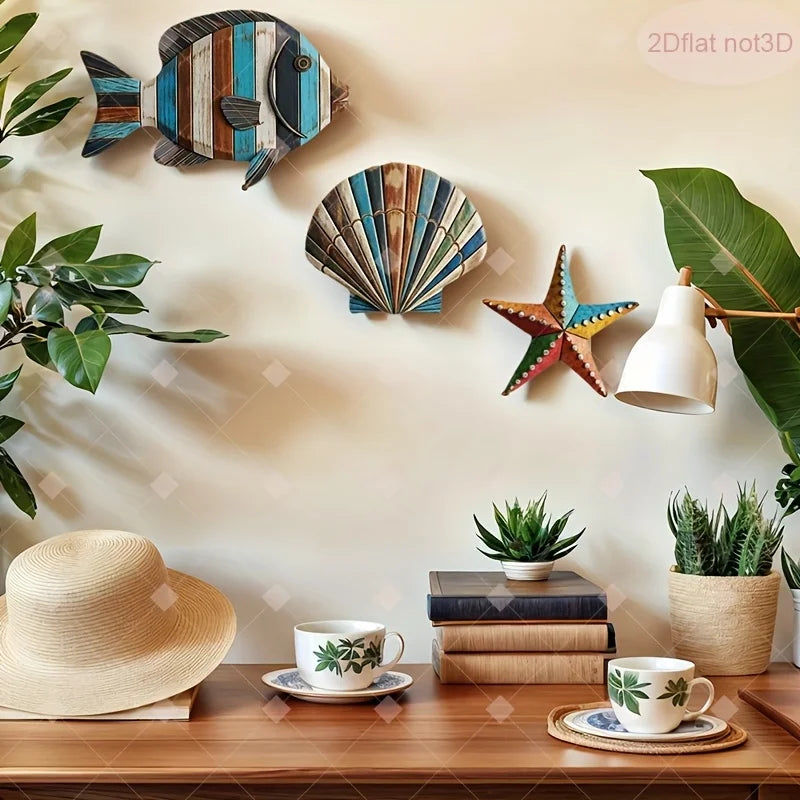 Colorful Ocean Wood Decor Set – Fish, Shell & Starfish Art Wooden Home Decor Axl