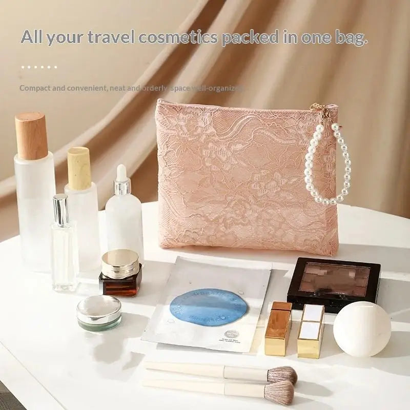 Lace Makeup Bag with Pearl Wrist Strap | Travel Cosmetic Pouch Cosmetic Bag Axl