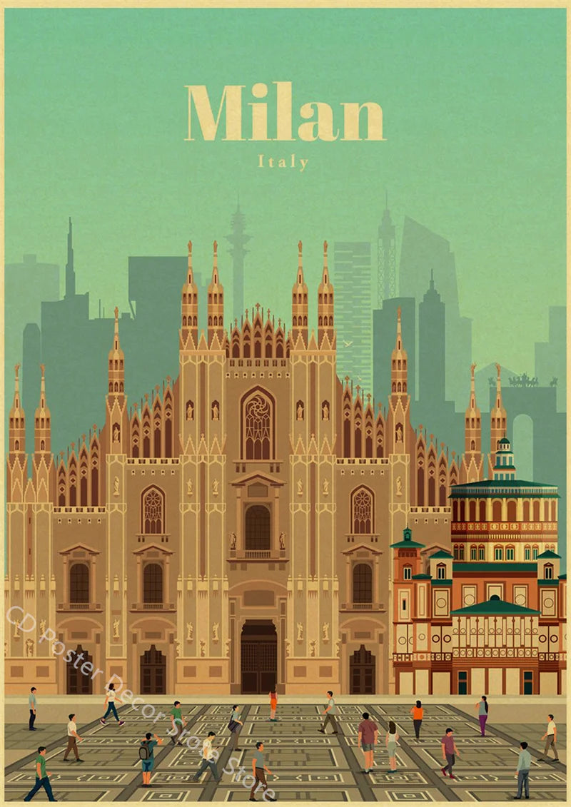 World Cities Retro Travel Poster – Rome Paris Sydney Dubai Art Travel Wall Poster Axl 4 A3 16.5x11.8inch