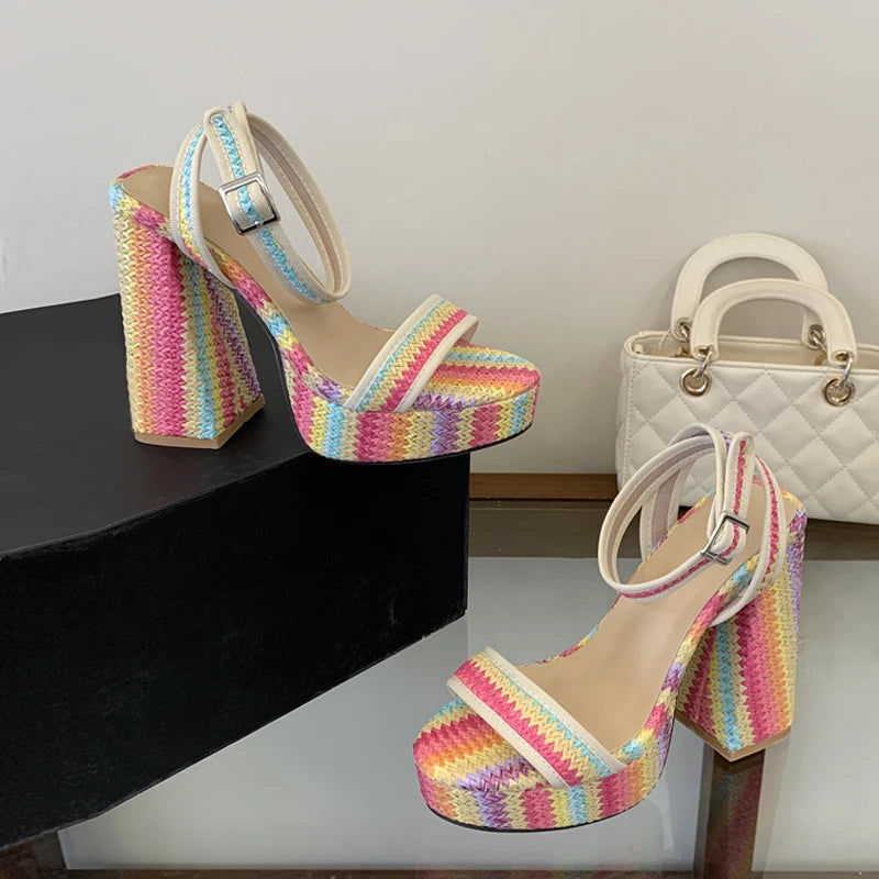 Women's Chunky Platform Sandals Open Toe Square High Heels Platform Heeled Sandals Axl