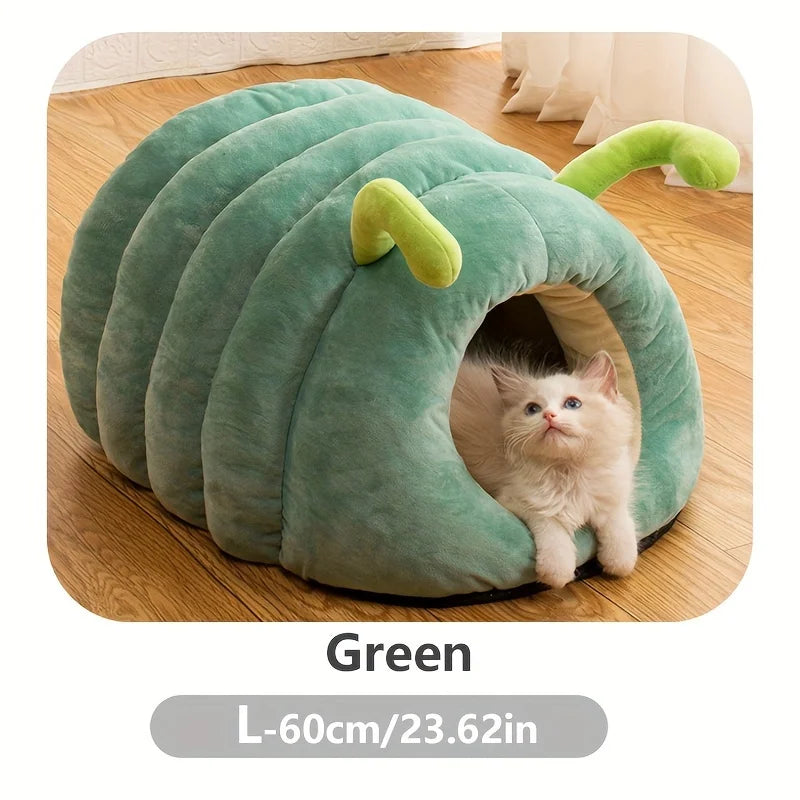KEMORELA Caterpillar Cat Bed – Warm, Washable Semi-Enclosed House Cat Bed House Axl Green L