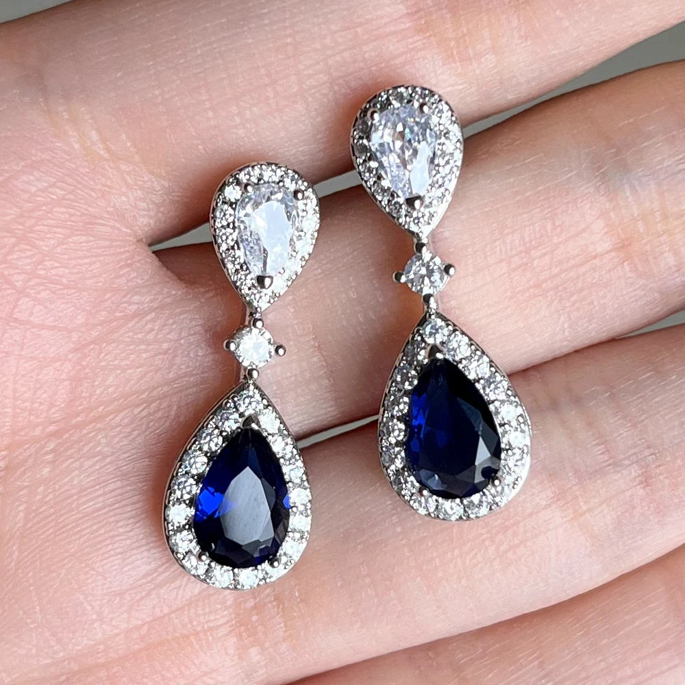 Huitan Water Drop CZ Earrings – Blue & White Cubic Zirconia Drop Earrings Axl E1921