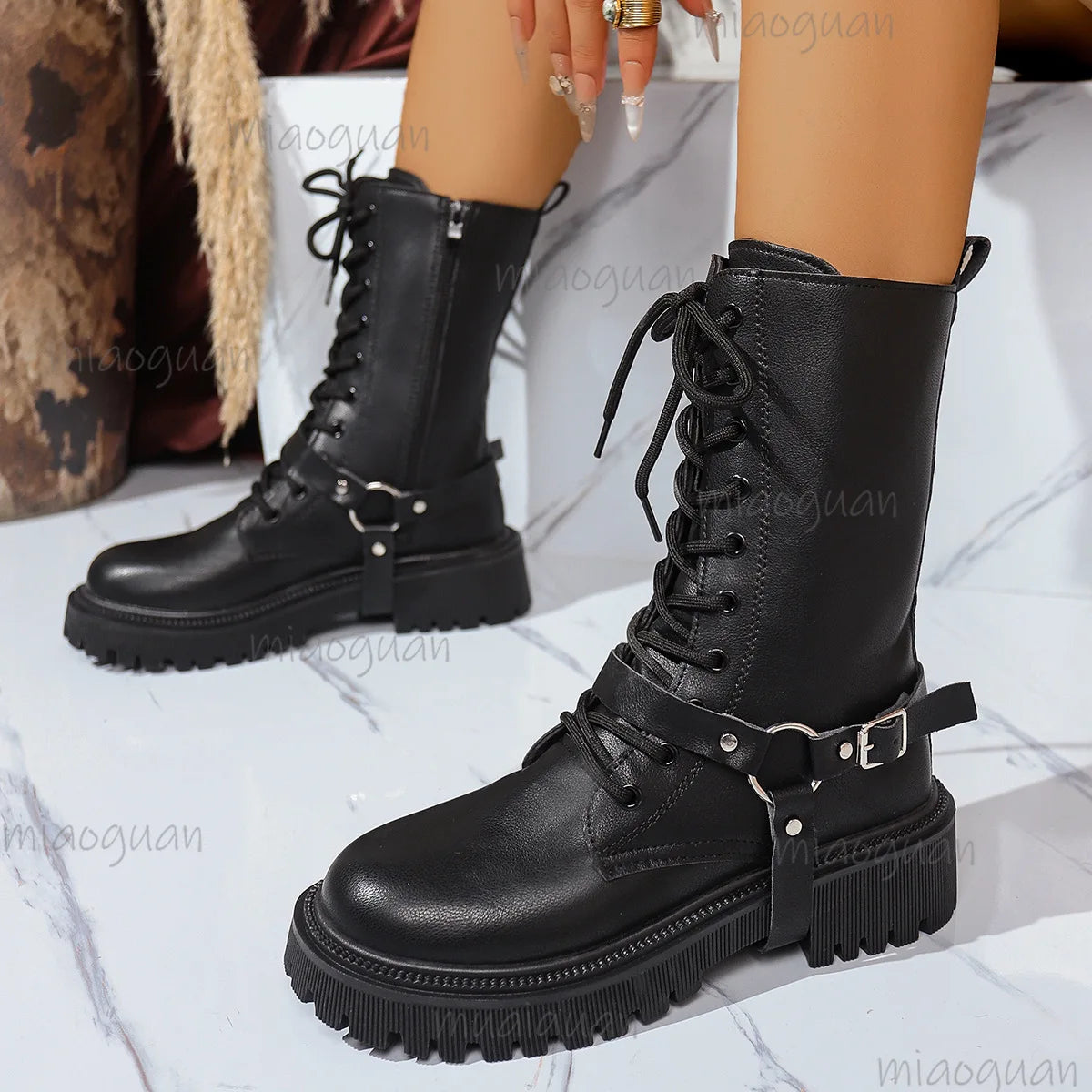 Women's Punk Mid-Calf Motorcycle Boots – Belt Buckle Zipper Mid-Calf Boots Axl
