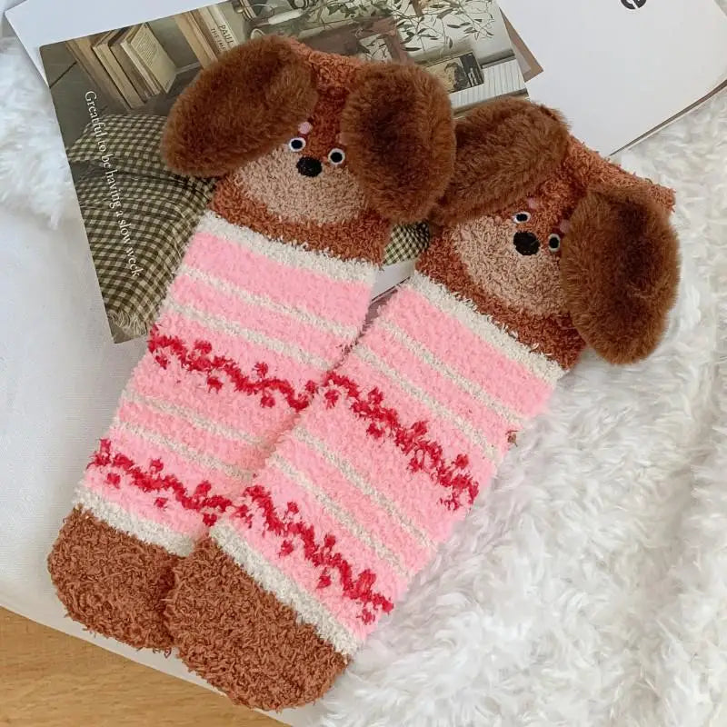 Women's Fluffy Coral Fleece Socks – 3D Dog Ear Cartoon Design Novelty Fluffy Socks Axl A1 One Size